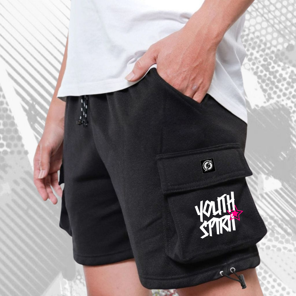 Synapsis กางเกงขาสั้นผ้าฟลีซหนา Stone Motif Simple Island Pocket Cargo Side Tie