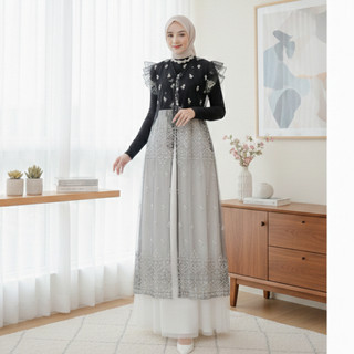 Setelan Vest Long Tunik Brukat + Rok Tutu Putih Ootd Hari Raya Outer Brukat Hitam Style Hijab Wanita LA058