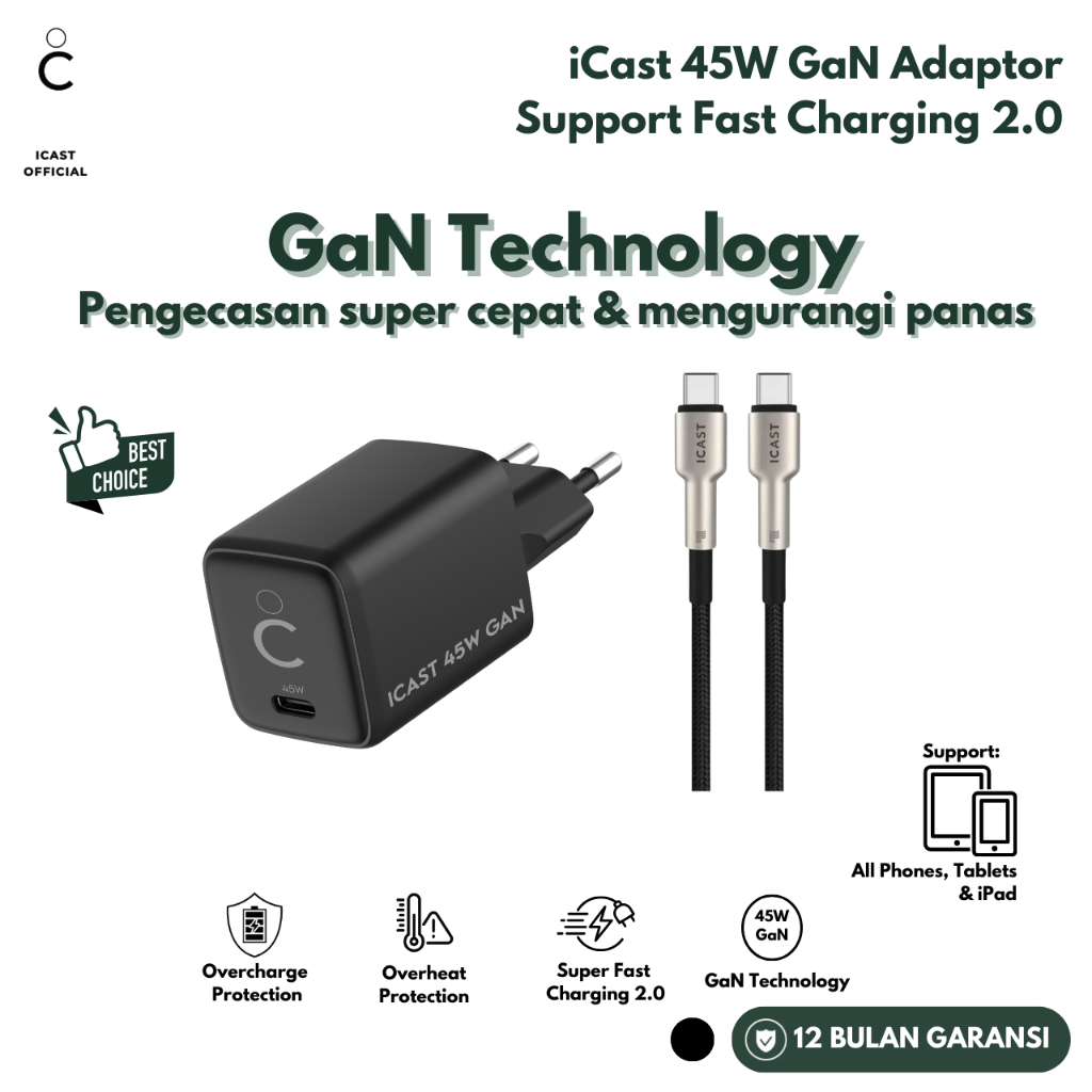 ICast Charger 45W GaN PD 3.0 100W Super Fast Charging 2.0 Charger 45W เทคโนโลยี GaN
