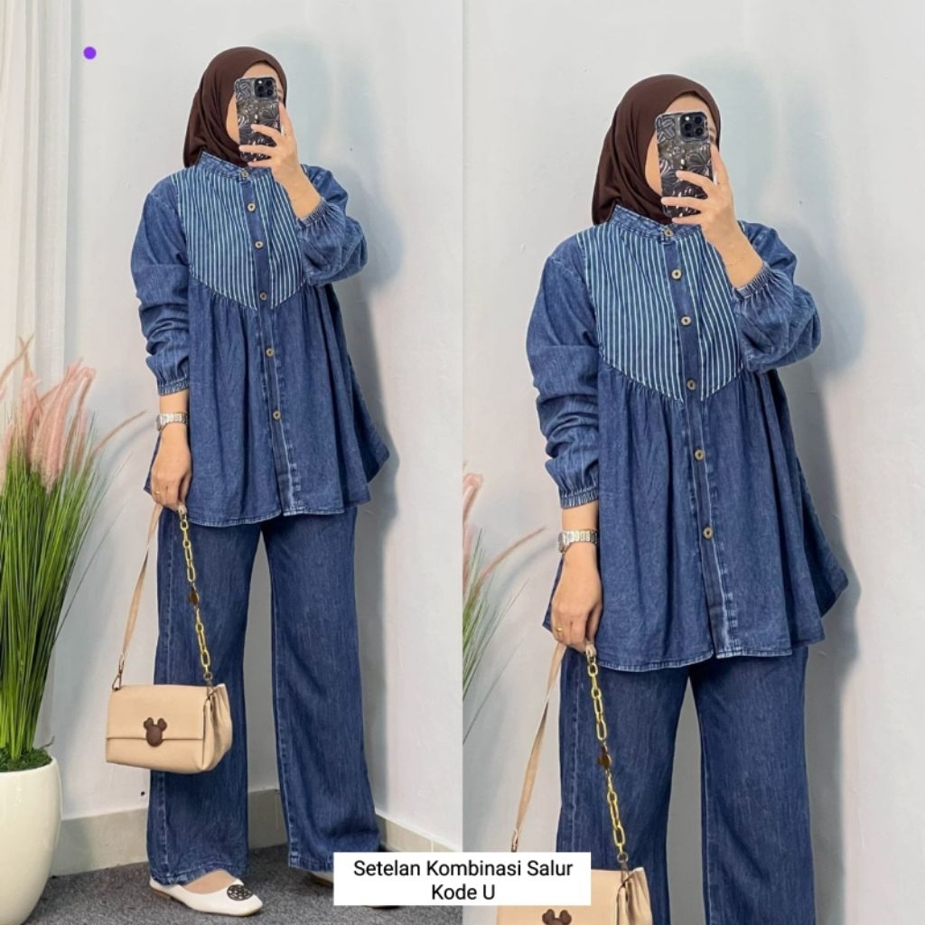 SET JEANS COMBI STRIPE BLLOUSE JEANS CHEST STRIPE JEANS PANTS หนึ่งชุดนําเข้ากางเกงยีนส์/ชุดกางเกงยี