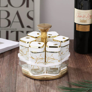 Tempat Bumbu putar Marble / Rak Bumbu Putar Estetik 6 Toples Kaca Tutup Emas