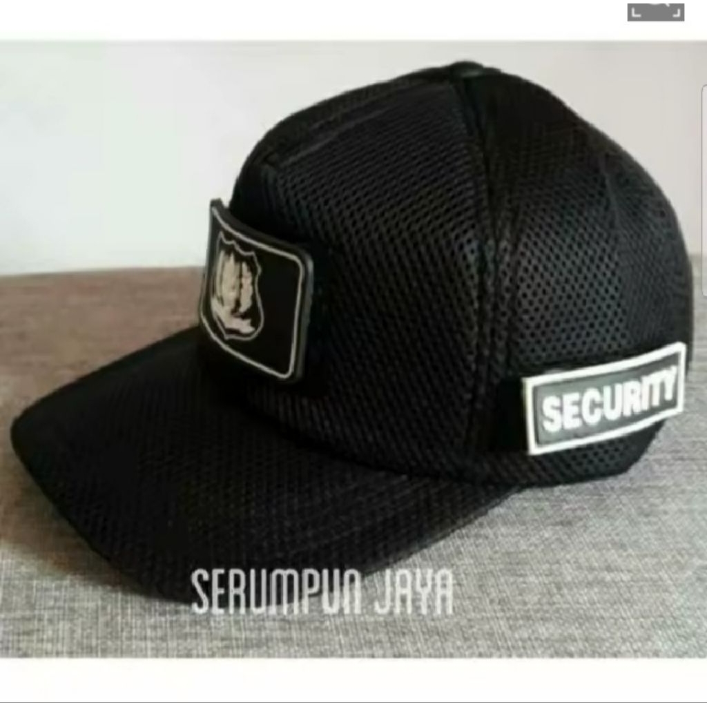 BLACK DOUBLE MESH HAT SECURITY LOGO WHITE 3 PATCH RUBBER - โลโก้สีขาว SECURITY HAT WITH ยาง REMOVABL