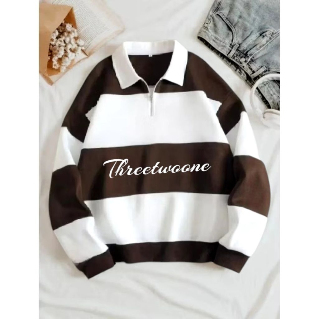 Polo Quarter Zip Sweater - แถบกาแฟขาว | เสื้อสเวตเตอร์สไตล์เกาหลีโอเวอร์ไซส์