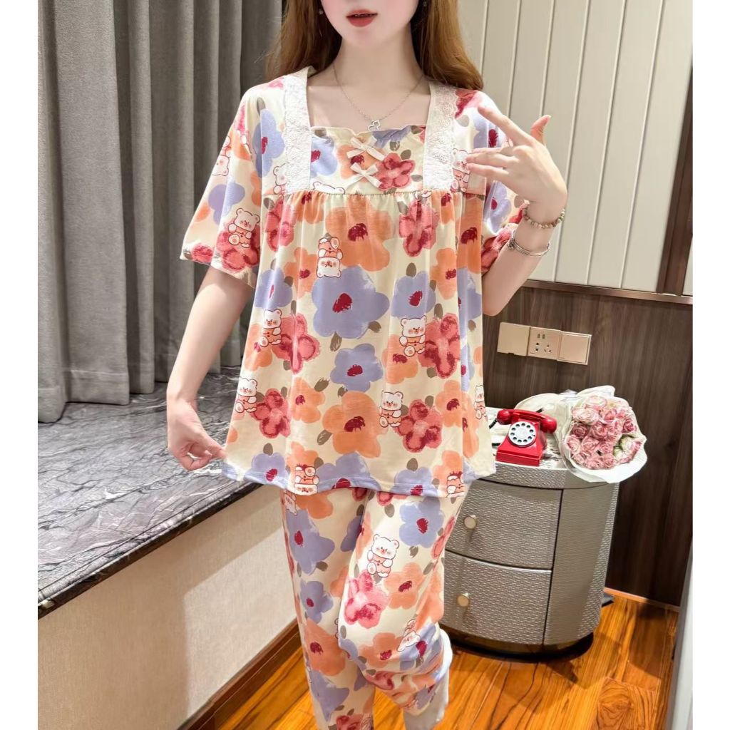 ชุดนอนแขนสั้นลาย LEISURE WEAR Motif เสื้อยืดสแปนเด็กซ์นําเข้า / ชุดนอนสตรี XL-XXL