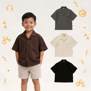 SAIKPLAY Kemeja Anak Oversize Cuban Collar Shirt Linen | Kemeja Bowling Anak Laki Perempuan