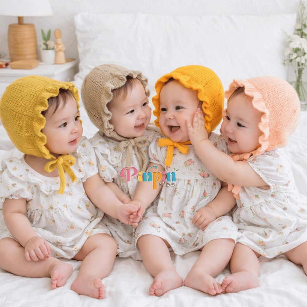 Pinpin Kids - หมวกถักนิตติ้ง Ruffle Bonnet สําหรับเด็ก / หมวกถักเด็ก / หมวกเด็กผู้หญิง