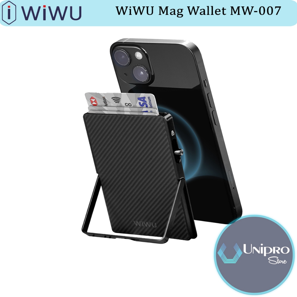 MagSafe Card Holder WiWU MW-007 Warriors Mag Wallet คาร์บอนไฟเบอร์ Aramid Wallet พร้อมขาตั้งแม่เหล็ก