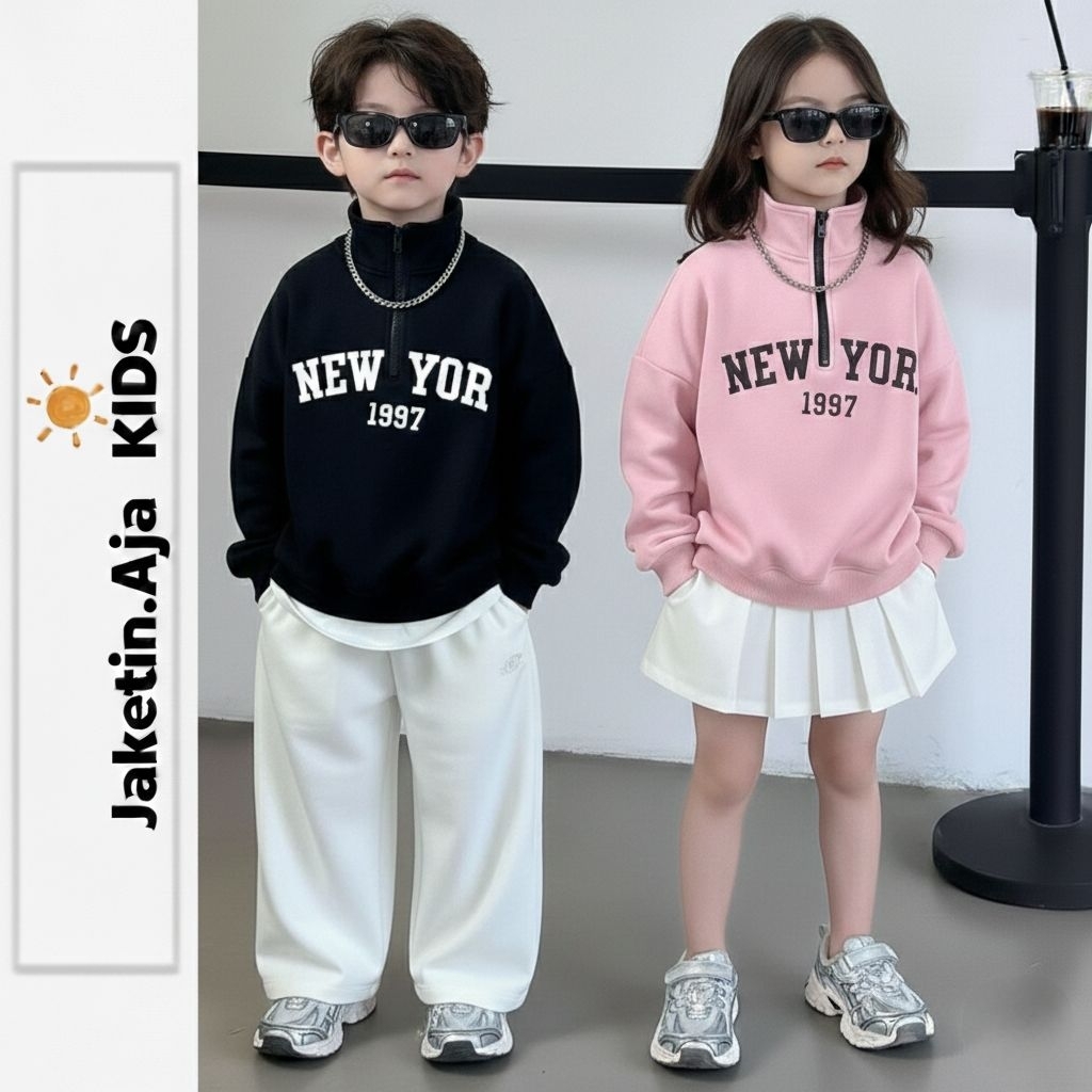 MERAH Jacket Aja Kids - Half Zip Varsity Bomber Unisex Children (1th - 18 ปี) NEW YORK NY LOS ANGELE