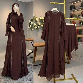 Syahara Dress Abaya + Set Hijab Gamis Abaya Umroh Mewah Variasi Swarovski Bahan Ceruty Babydoll