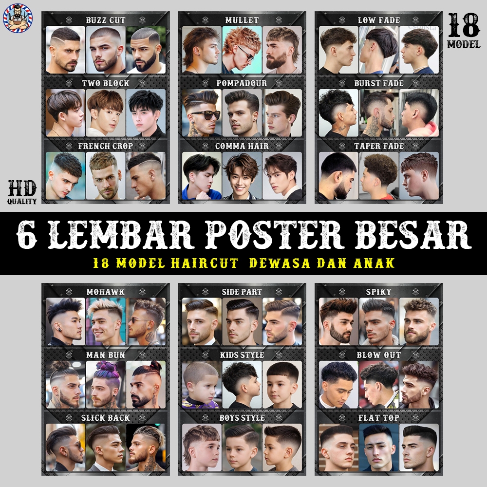 ร้านตัดผม โปสเตอร์ตัดผมชาย แพ็ค 6 แผ่นสําหรับผู้ใหญ่และเด็ก - 65