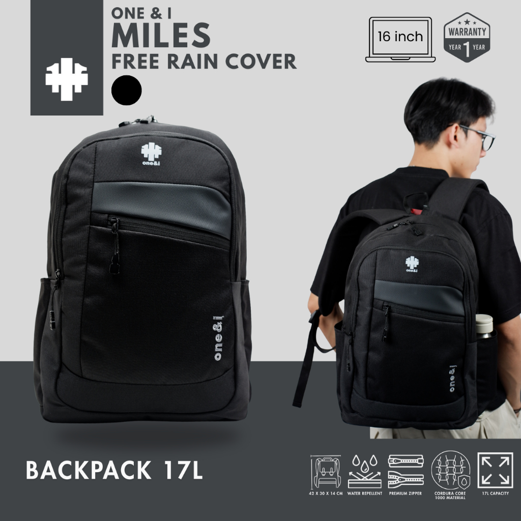 ONE & I กระเป๋าเป้สะพายหลังผู้ชาย Miles 17L กระเป๋าแล็ปท็อปฟรีผ้าคลุมกันฝน