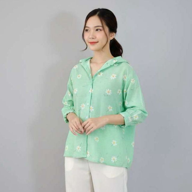 KATUN KEMEJA HIJAU 90001-D57 | NON-STRETCH COTTON SHIRT TOP 7/8 SLEEVE GREEN FLOWER MOTIF