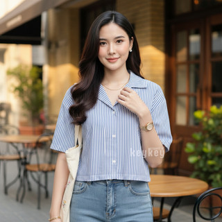 YOANA | Kemeja Wanita Stripe Katun Poly PE| Atasan Kemeja Lengan Pendek Casual Simple Fit XL
