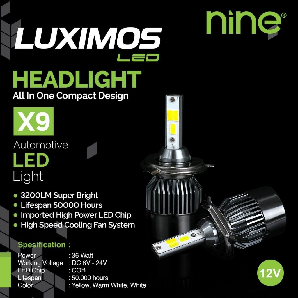 NINE LUXIMOS X9 H4 ไฟ LED รถยนต์ 3 สี HI/LOW HEADLAMP 6000k/3000k/4300k