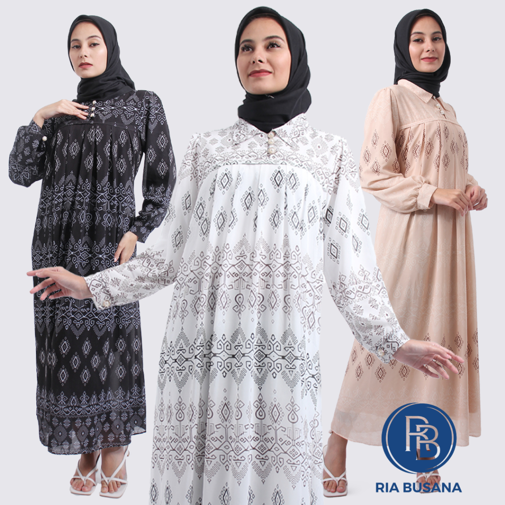 Ria Busana - Zayna - ชุดเดรสยาวผู้หญิงคอปกบทคัดย่อที่สวยงาม สูง 132 ซม. ศิลปะ AI052-KCG