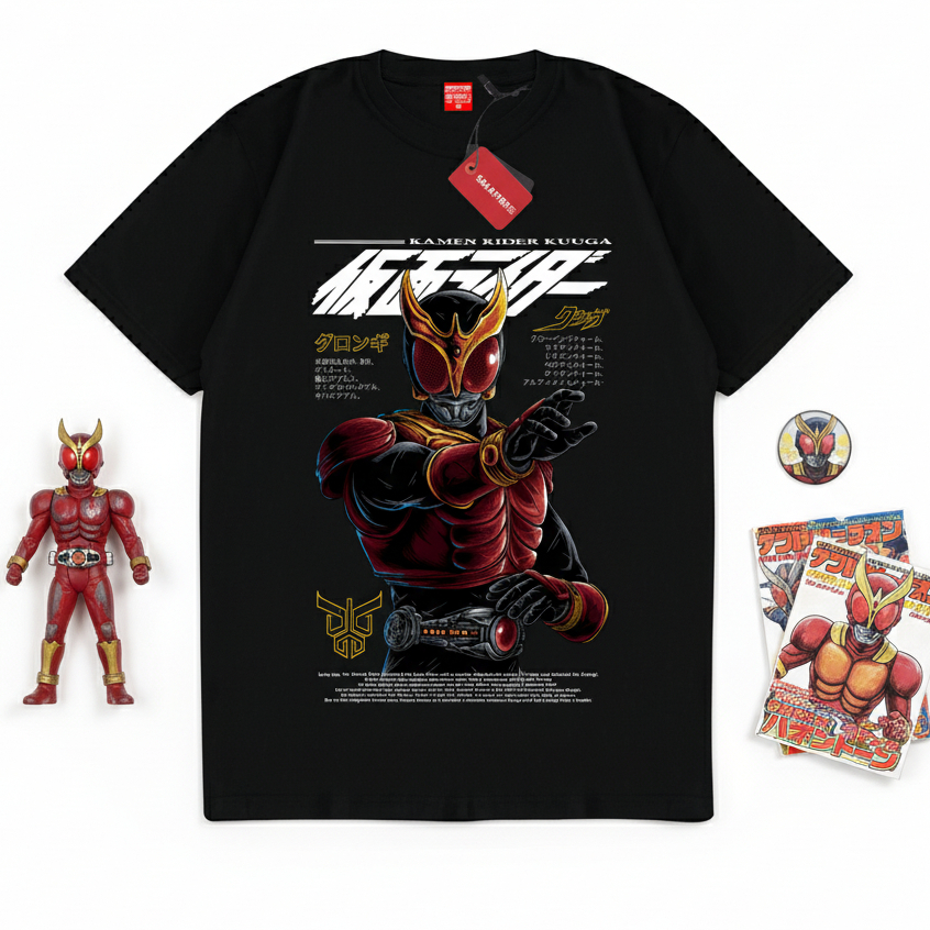 KATUN GILAN เสื้อยืดเด็ก KAMEN RIDER KUUGA Motif เสื้อยืดอัศวินเหล็กสีดําใส่สบาย ผ้าฝ้ายหวี 24 วินาท