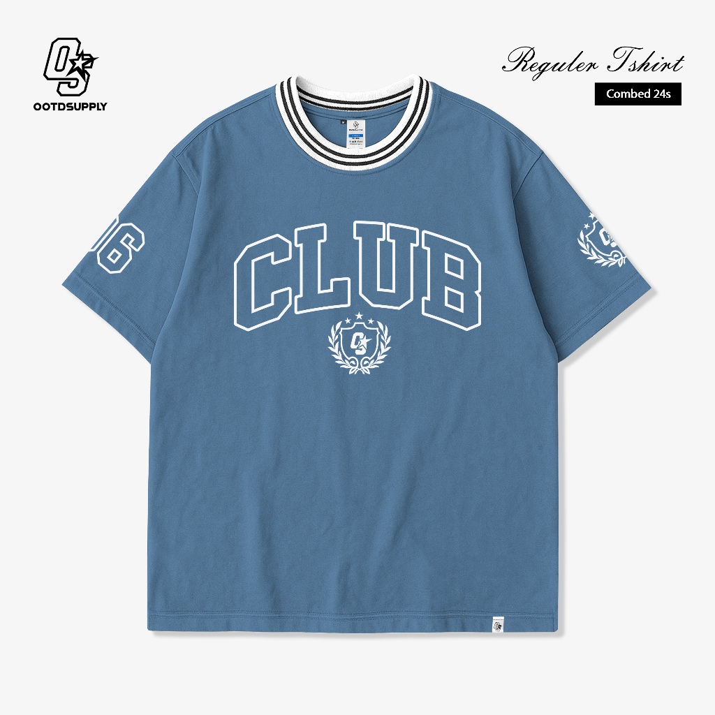 OOTDPLY Regular Ringer Stripe V.2 96 Club Steel Blue Tshirt | เสื้อยืดคอปกลายทาง | เสื้อยืด Unisex | OS-TS-RV2-003