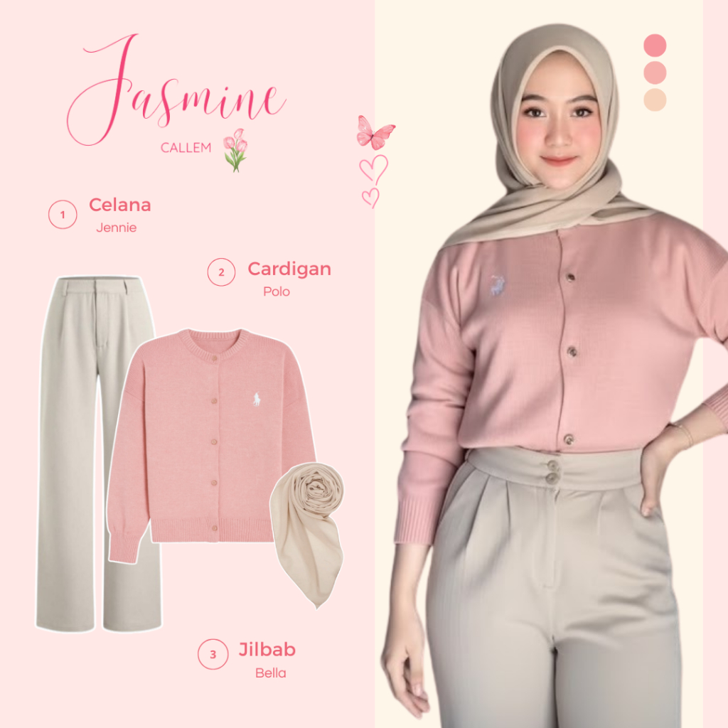 One Set Wanita Kekinian (Cardigan Polo Dusty Pink, Celana Jennie, Jilbab Bella) Casual Outfit - LN67