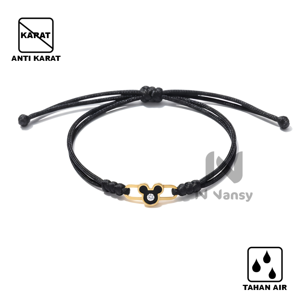 Gelang Tali Satin Hitam Charm Stainless Steel Warna Emas Tahan Lama & Tidak Mudah Pudar | Gelang Fas