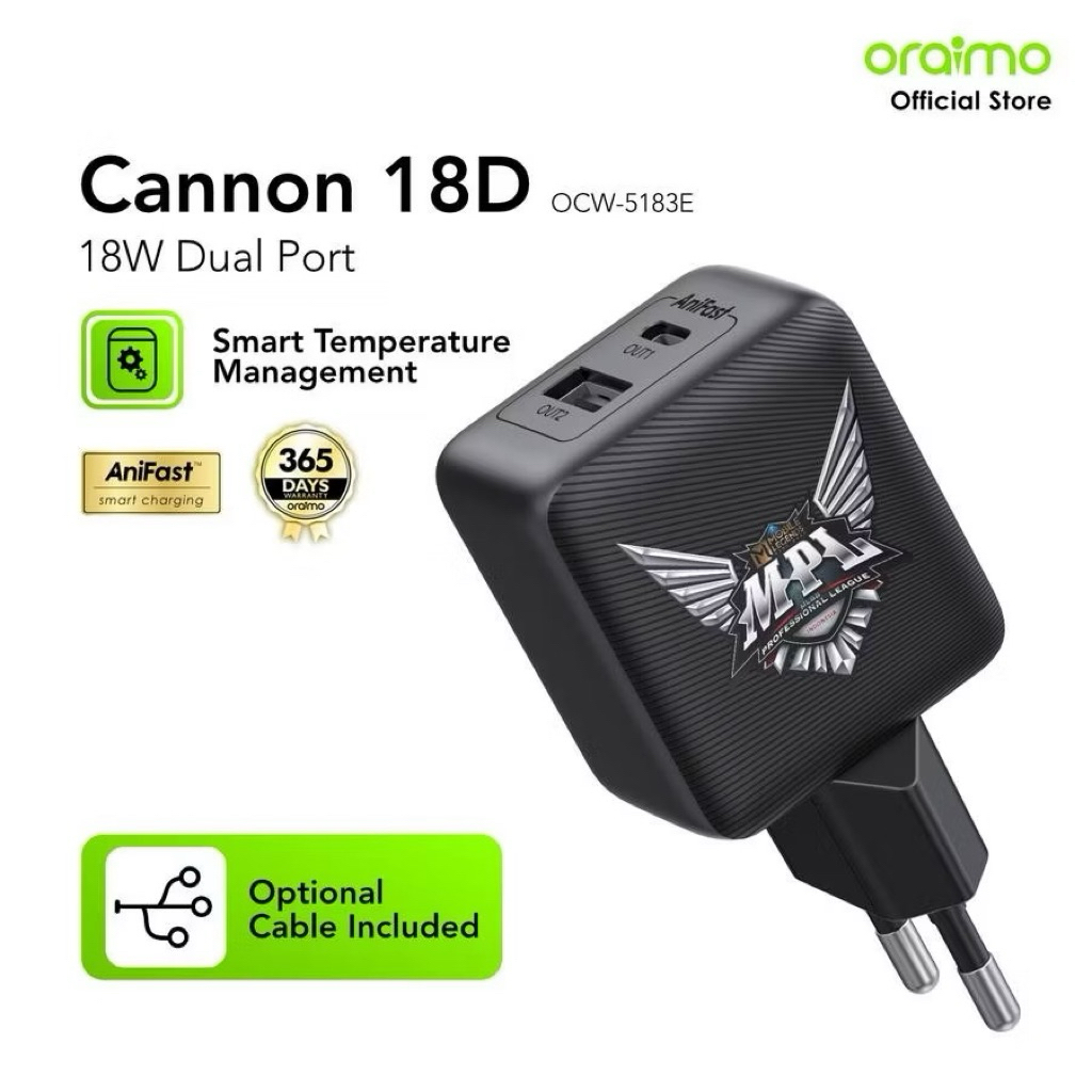 Oraimo Charger Set x MPL Mobile Legend Cannon 18D Dual Output 2A 18W Quick Charging Micro USB พร้อมส