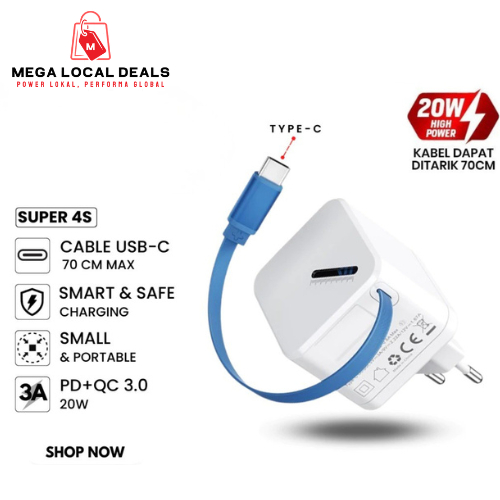 VIVAN Adaptor Super 4S Batok Charger 20W 3A PD QC 3.0 Integrated Cable Type-C 70CM