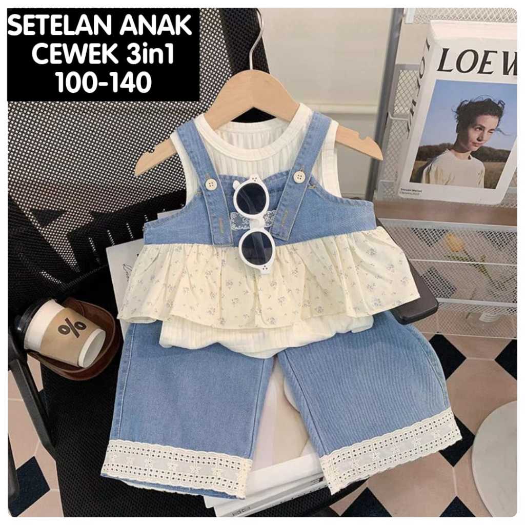 (LOLI-JKT) BS- 888 CHILDRENS SET 3IN1 OVERALL DENIM CULOT PANTS BLUE FLOWER RUFFLE CULOT PANTS LEKTO