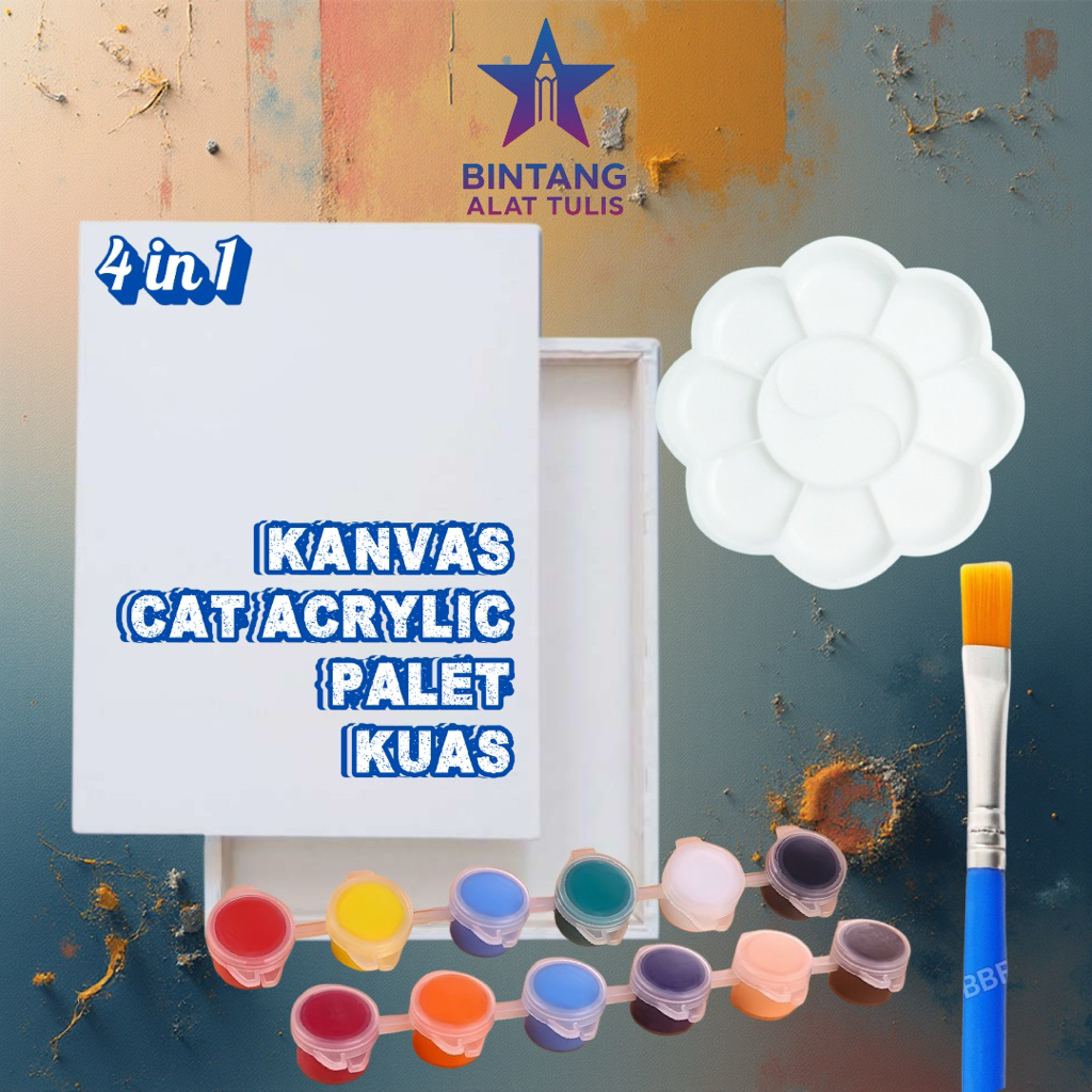 แพ็คเกจชุดระบายสี 4 in 1 ครบชุด | ผ้าใบ ผ้าใบ | สีอะคริลิค 12 สี | พาเลทท์ | แปรงแปรง