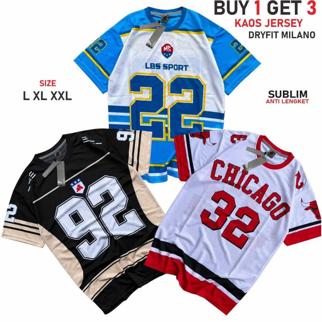แพ็คเกจออมทรัพย์ 3 Milano Dry Fit Number Jerseys Random Motif Size L XL XXL Sublimation Sport Non-St