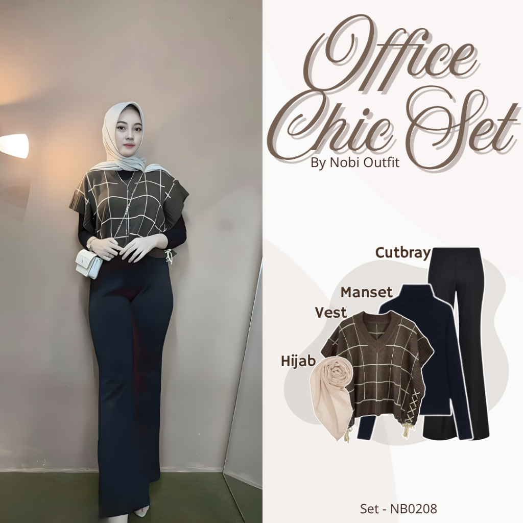 4 In 1 One Set Womens Trend Nobi Outfit Jenna Vest Crop Knit Premium (Hijab + Cuff + Vest + Cutbray)