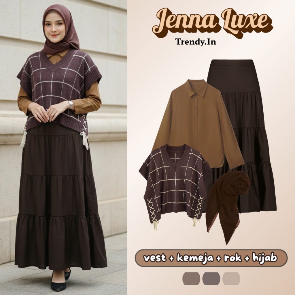 KEMEJA 4in1 Jenna Luxe Suit (Jea Vest, เสื้อเชิ้ตสีน้ําตาล, กระโปรงชั้น, Bella Square) One Set for C