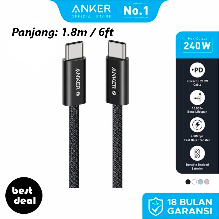 Anker Zolo USB-C to USB-C Data Cable Charger รองรับ 240W 5A PD PPS Nylon Braided 3FT 0.9M / 6FT 1.8M