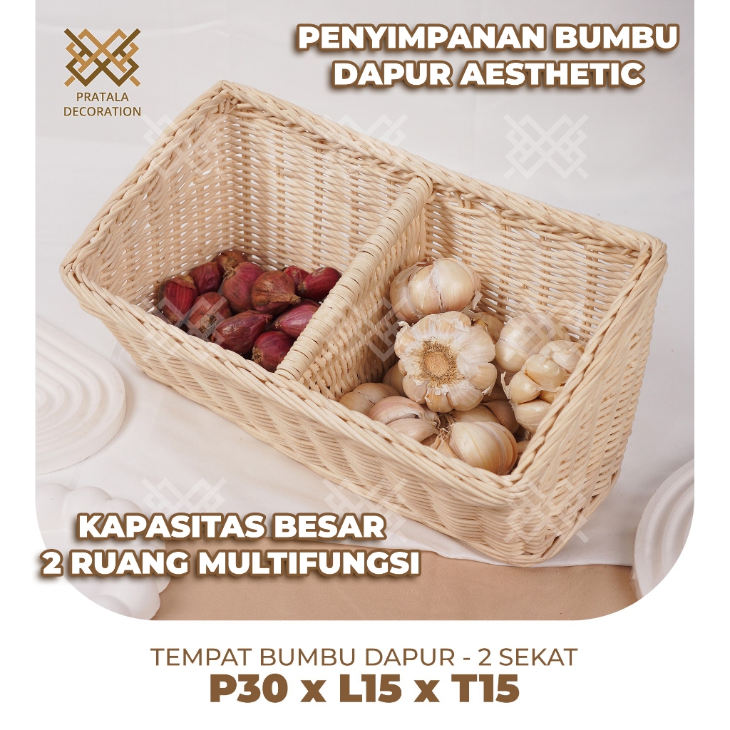 MERAH PRATALA 2-COMPONY RATTAN KITCHEN SPICE BASKET AESTHETIC สีแดงและสีขาว ONION BASKET P30 X W15 X