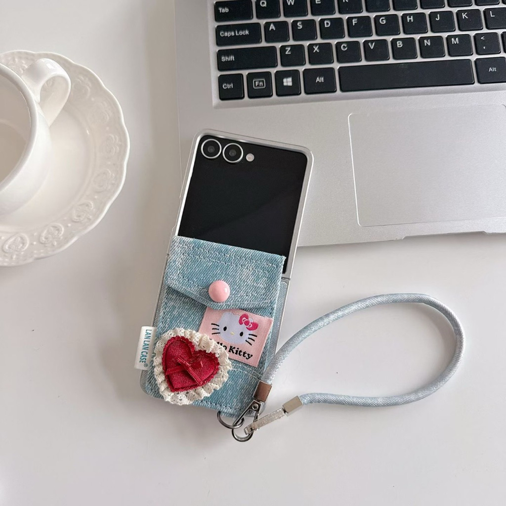 เคสใหม่ Samsung Zfold7 Zflip7 Denim กางเกงยีนส์วัสดุ Cardpocket Hello Kitty Card Holder พร้อมสายโซ่ 