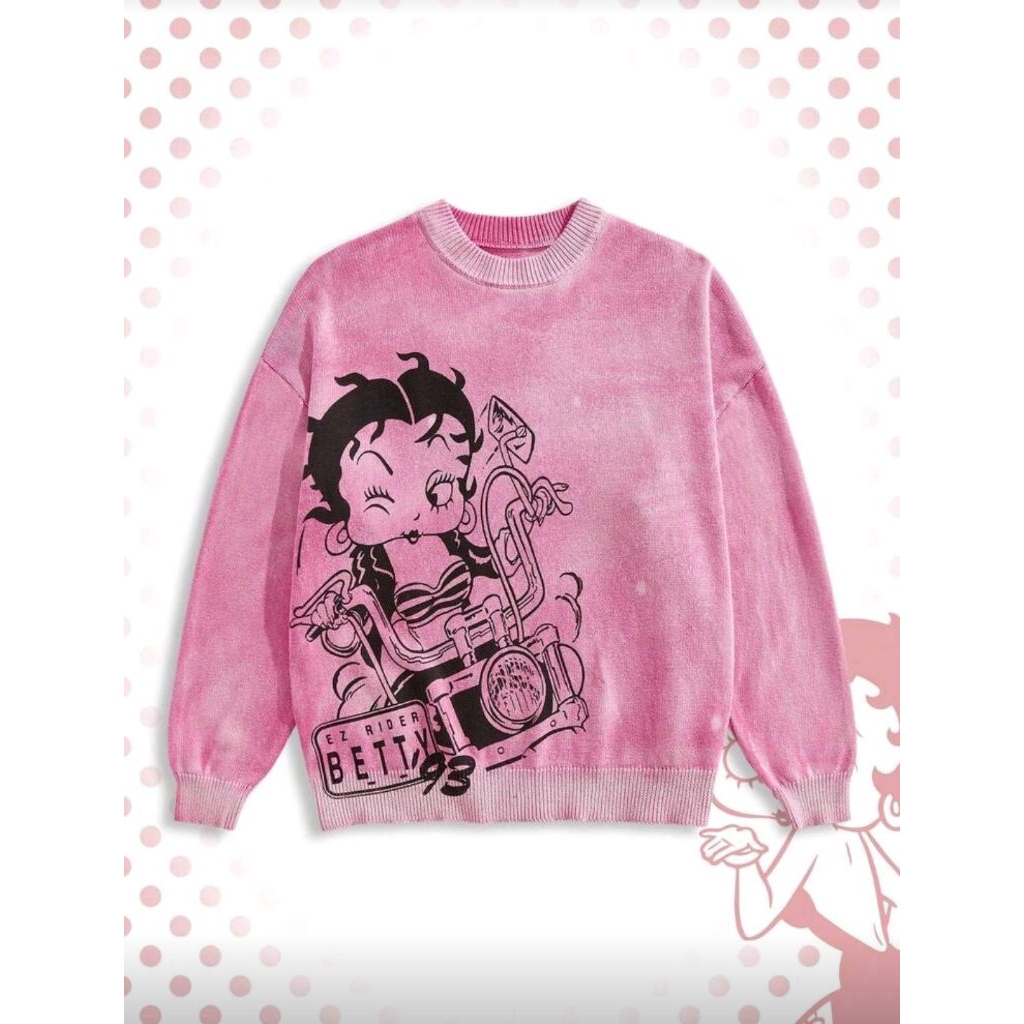 ROMWE MEN Betty Boop | ROMWE เสื้อสเวตเตอร์พิมพ์ลายการ์ตูนลําลองผู้ชายไหล่ตกหลวมล้าง