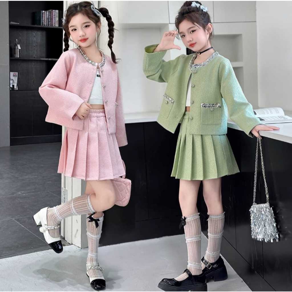 HIJAU (AGE 5-6TH & 6-7TH) GFJH-SET TWEED SKIRT *ไม่มีด้านใน* SILVER GREEN PINK FLOWER SEQUIN EDGES