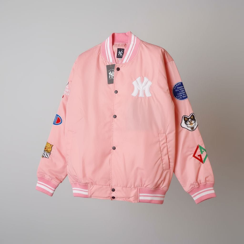 NY Sativa สีชมพูปัก Patch Casual Varsity Bomber Jacket สําหรับผู้ชายและผู้หญิง
