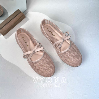 NOURA Flatshoes Wanita Premium Ballerina Jaring Brokat Mesh Tali Pita Daily Casual Korea Terbaru