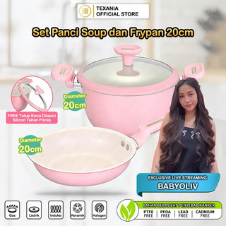 TEXANIA SET Panci Soup dan Frypan PINK Anti Lengket 20cm Multifungsi MudahDibersihkan Kualitas Foodgrade Kitchenware