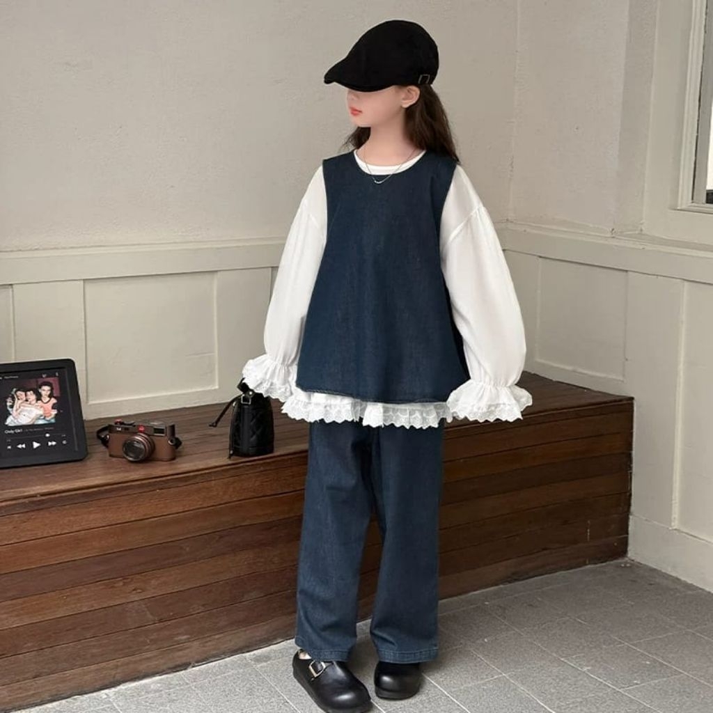 ER-442 Imported GIRLS 3IN1 LONG SHIRT SET AGE 6-11 YEARS LONG-SLEEVED TOP SET PLUS 3IN1 VEST COOL, M