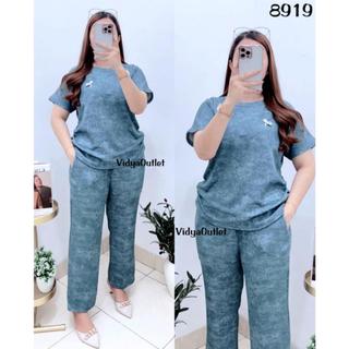 VIDYA - Setelan Knit Denim 8919 One Set Polos Lengan Pendek Set Wanita Classic Sett Stelan Modis Mewah Elegan