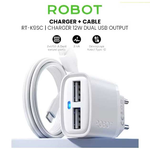 ROBOT RT-K9SC Dual Port USB-A 12W 2.4A LED Data Indicator Cable TYPE C Charger RT-K9S Original