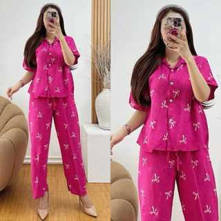 Oneset Rayon Motif Pita Kancing / Setelan Wanita Celana Kulot Panjang Lengan Pendek Rayon Adem