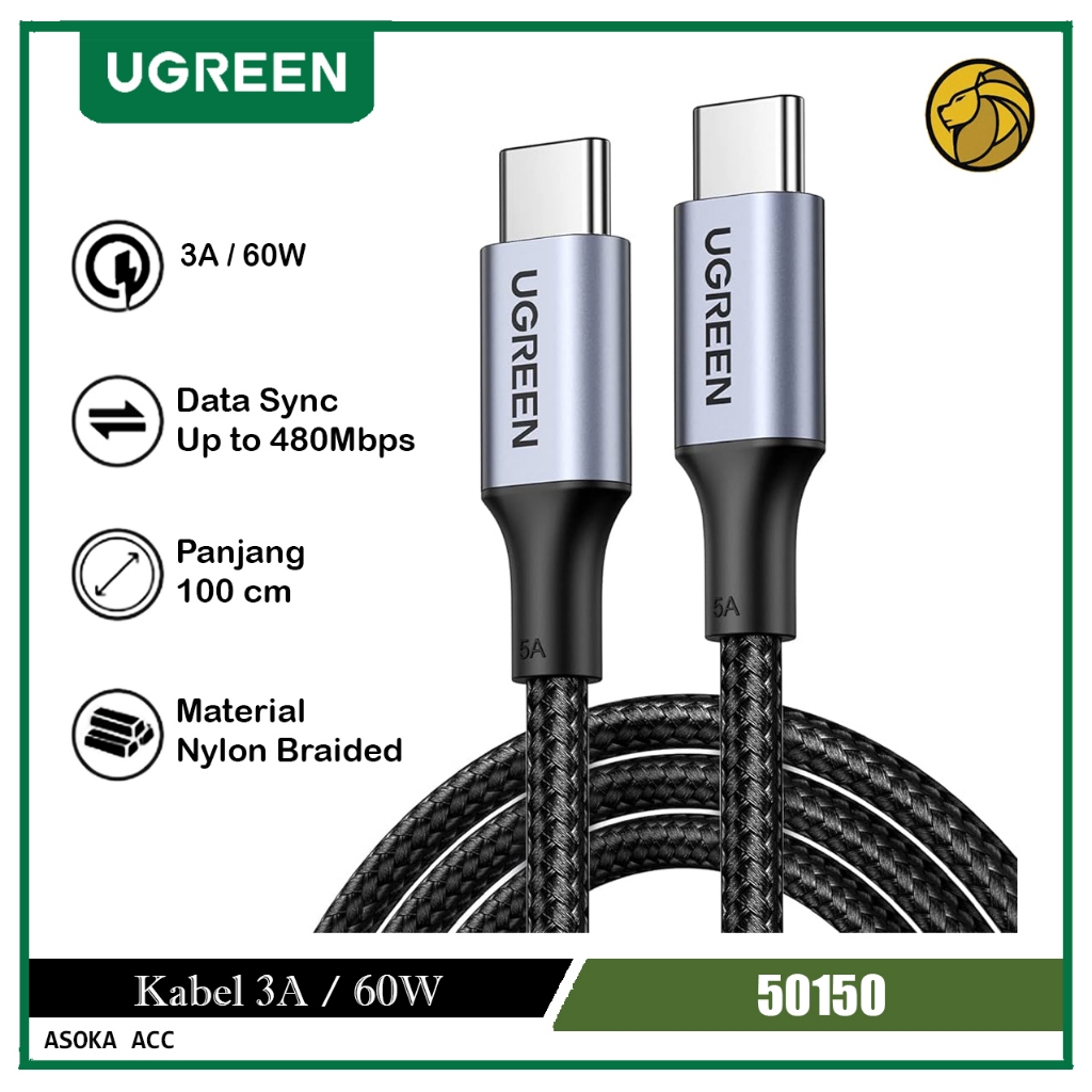 UGREEN สายเคเบิลข้อมูล 3A 60W | 5A 100W USB-C ถึง Type C 1 เมตรไนลอนถัก 70427 50150