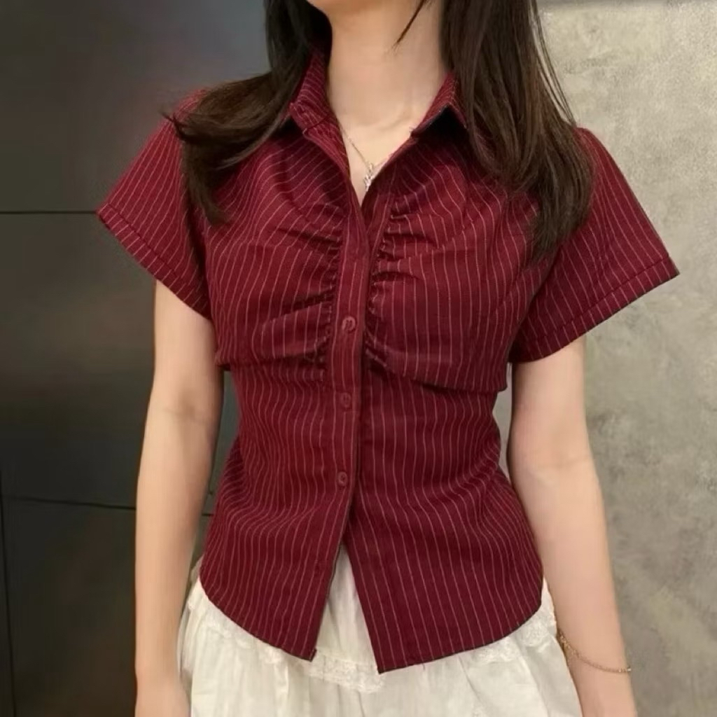 KEMEJA ELENA SHIRT KOREAN TOP TOP TOP ผู้หญิง / เสื้อแขนสั้น Basic Casual FIT BODY Stripe