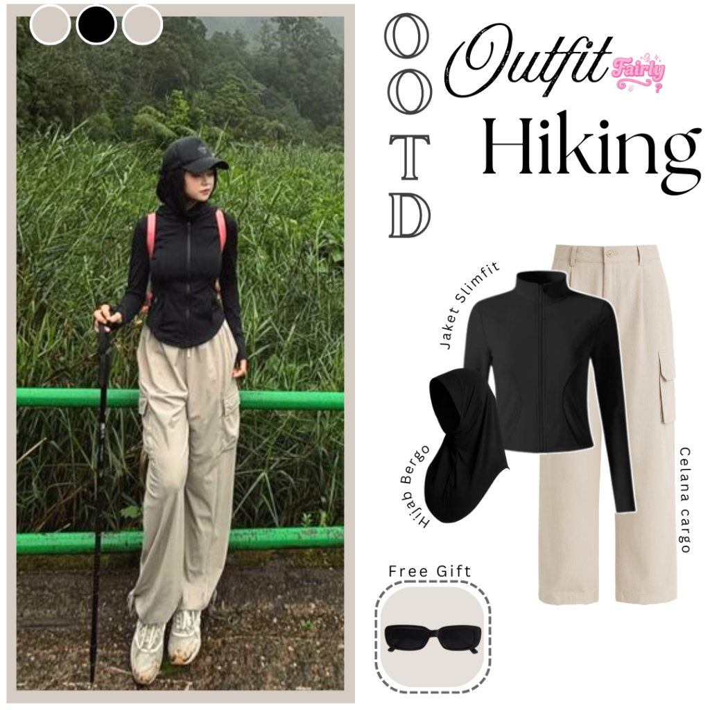 ชุดเดินป่า Fara ล่าสุด (ฮิญาบ + เสื้อแจ็คเก็ต + กางเกงคาร์โก้) ชุดปีนเขา Oneset - FS41
