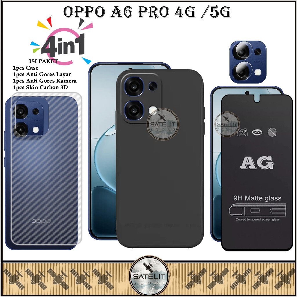 แพ็คเกจเคสกระจกนิรภัย 4-in-1 AG Matte Oppo A6 Pro 4G 5G Softcase Liquid Black
