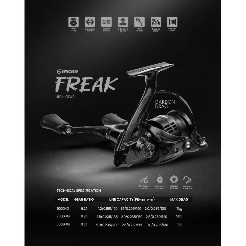 IROLY FREAK SPINNING REELS SPINNING REELS SPINNING FISHING REEL GRAPHIC BODY CNC HANDLE CUT SPOOL
