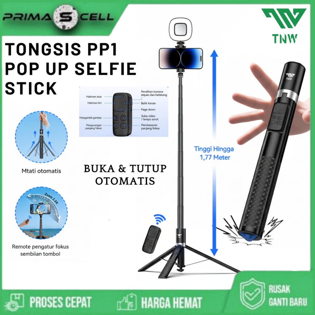 TNW PP1 ขาตั้งกล้องอัตโนมัติ Pop Up Selfie Stick แหนบขาตั้งกล้องบลูทูธ 177 ซม.ขาตั้งกล้องอลูมิเนียมพ