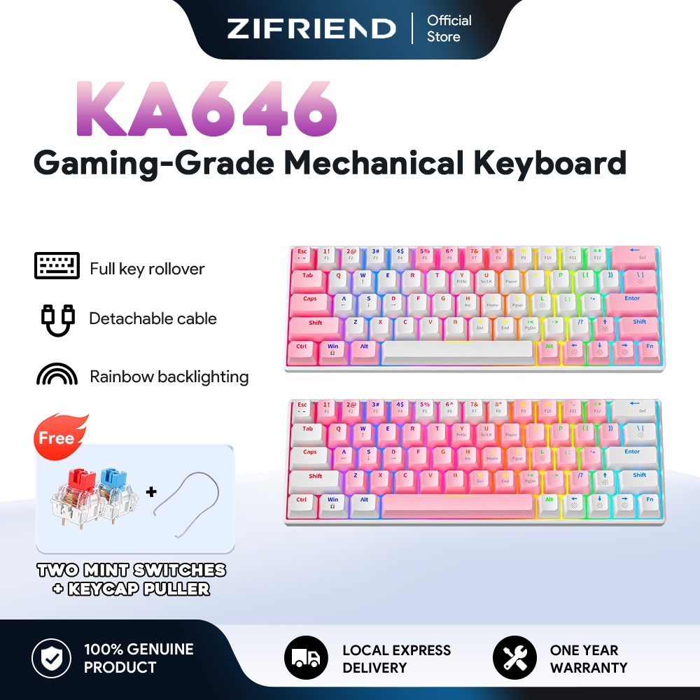 ZIFRIEND KA646 คีย์บอร์ด 63 คีย์ RGB Backlit Kibot Type-C แบบมีสาย Hot Swappable 60% PC Gaming คีย์บ