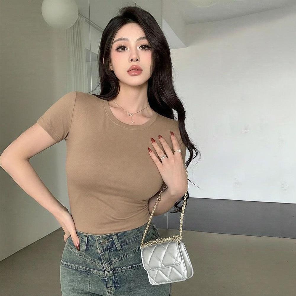 PLATINUM WORLD เสื้อครอปถักธรรมดา O คอ Fit Body - เสื้อเชิ้ตธรรมดาผู้หญิง G7